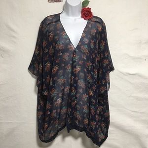 PONCHO Shark bite hem Floral wrap shawl or top laced at hem LG